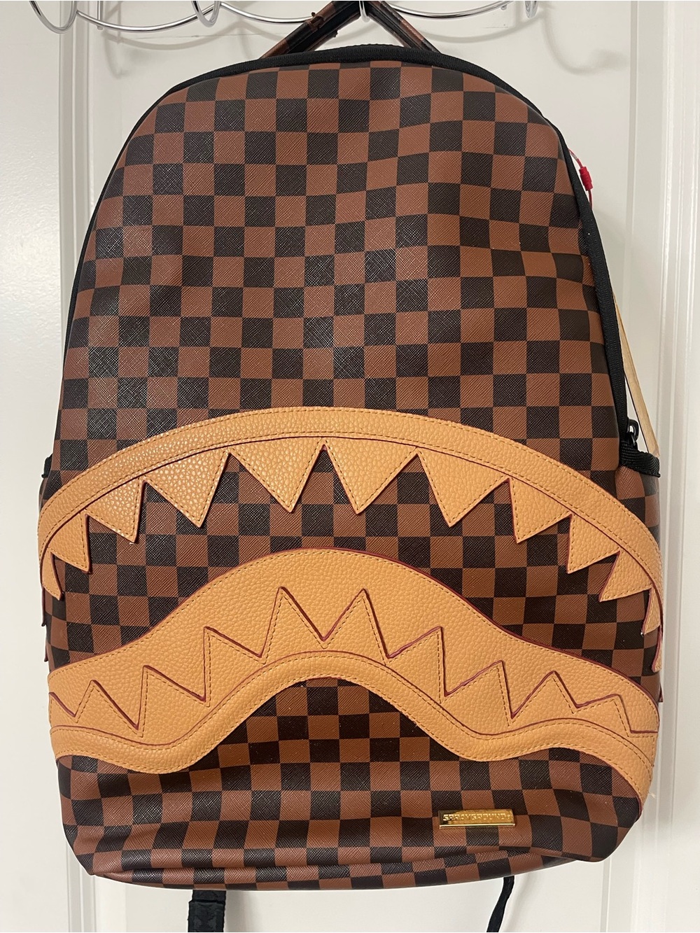 Men's Brown Checkered Backpack with Tan Accent